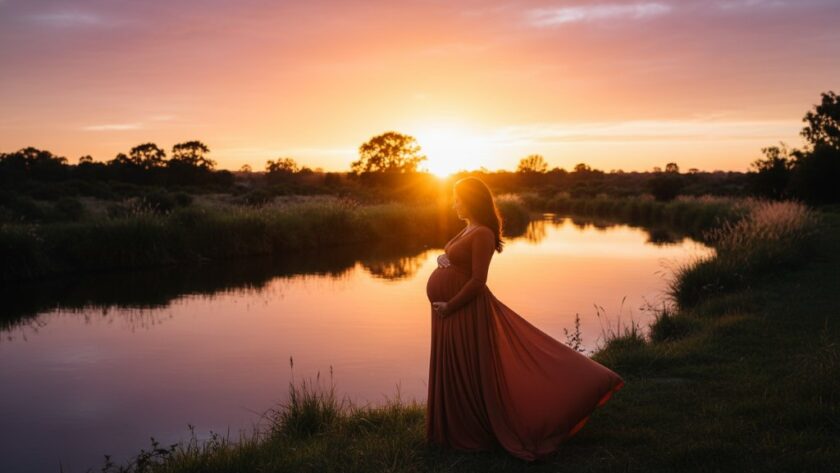 A glowing expectant mother stands gracefully by the Barwon River during a breathtaking South Geelong Maternity Photoshoot Barwon River, bathed in golden hour light, her silhouette softly highlighted against the water.