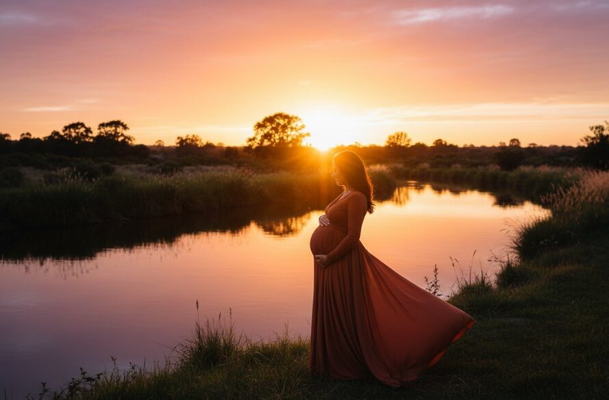 A glowing expectant mother stands gracefully by the Barwon River during a breathtaking South Geelong Maternity Photoshoot Barwon River, bathed in golden hour light, her silhouette softly highlighted against the water.