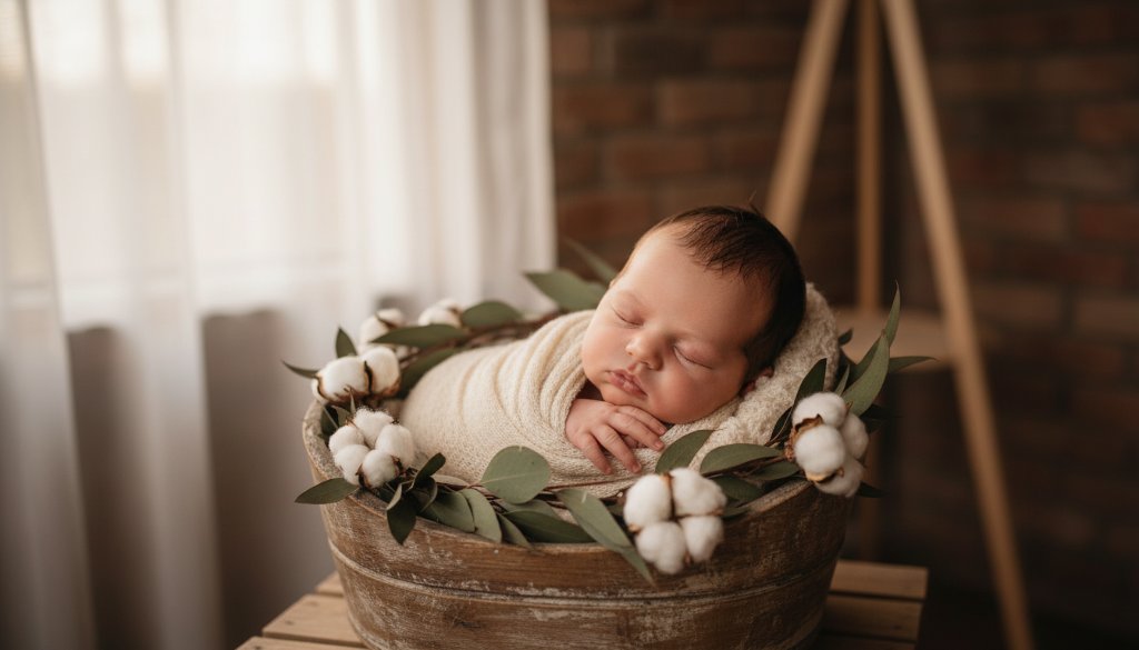 A heartwarming, professionally colour-graded photograph capturing a South Geelong newborn photography with rustic charm moment: a sleeping baby swaddled in a soft, textured blanket, nestled in a vintage wooden crate surrounded by dried native Australian flowers, with soft, golden hour light filtering through a window, creating a serene and timeless portrait.