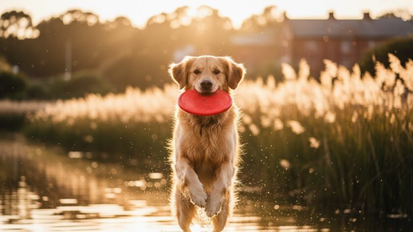 A heartwarming and dramatic close-up of a golden retriever joyfully leaping through golden light in a South Geelong park, expertly captured by South Geelong pet photography capturing joyful dog portraits, with sunlight glinting off its fur and a soft bokeh background.