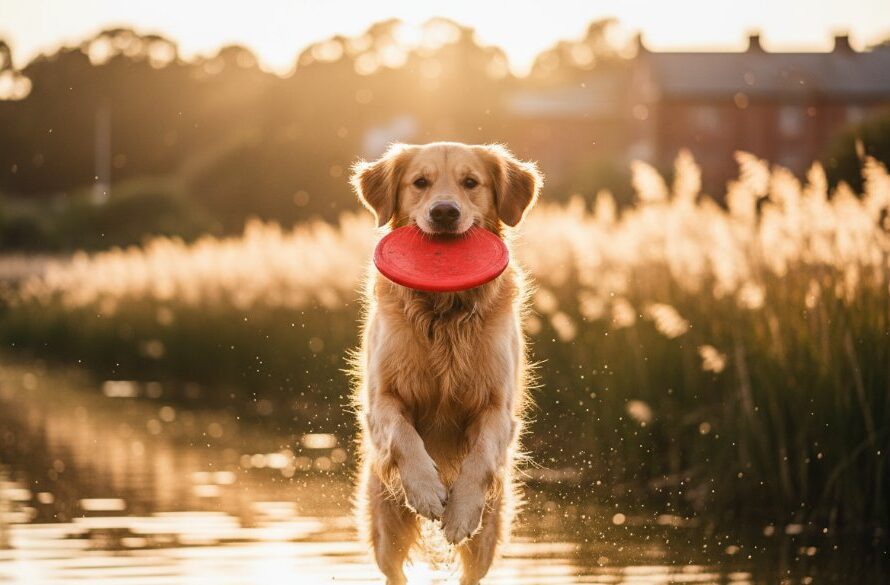 A heartwarming and dramatic close-up of a golden retriever joyfully leaping through golden light in a South Geelong park, expertly captured by South Geelong pet photography capturing joyful dog portraits, with sunlight glinting off its fur and a soft bokeh background.