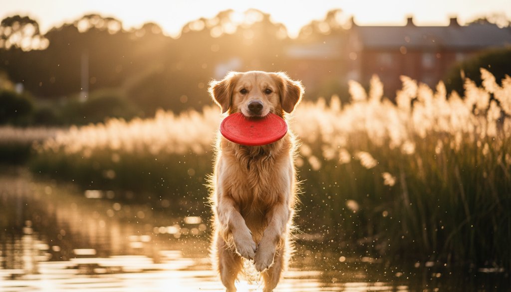 A heartwarming and dramatic close-up of a golden retriever joyfully leaping through golden light in a South Geelong park, expertly captured by South Geelong pet photography capturing joyful dog portraits, with sunlight glinting off its fur and a soft bokeh background.