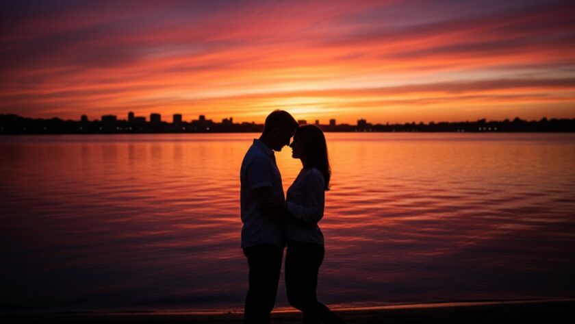 A newly engaged couple sharing a tender moment at dusk, bathed in the golden glow of a South Geelong romantic sunset engagement photos shoot, with the iconic Barwon River in the soft background, capturing their profound connection.