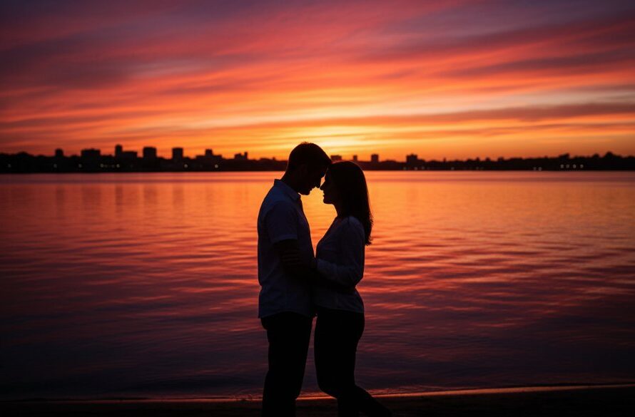 A newly engaged couple sharing a tender moment at dusk, bathed in the golden glow of a South Geelong romantic sunset engagement photos shoot, with the iconic Barwon River in the soft background, capturing their profound connection.
