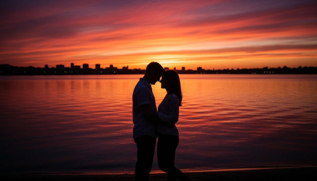 A newly engaged couple sharing a tender moment at dusk, bathed in the golden glow of a South Geelong romantic sunset engagement photos shoot, with the iconic Barwon River in the soft background, capturing their profound connection.