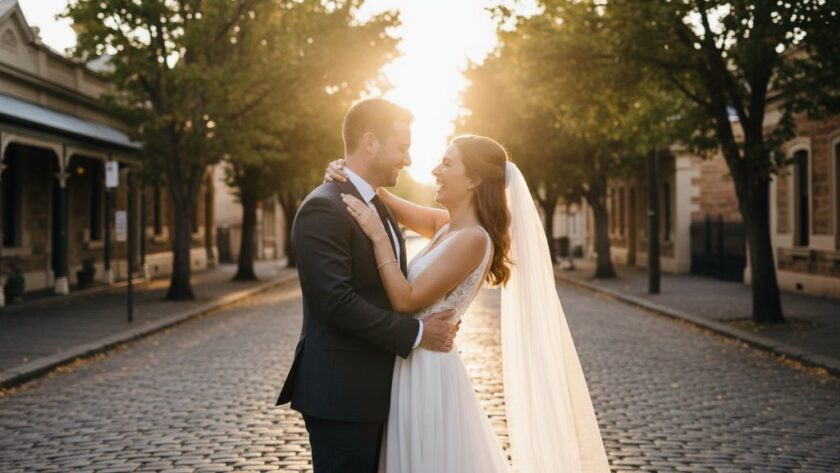 A newlywed couple shares a joyful, vibrant moment on a historic South Geelong street, captured by a professional South Geelong wedding photographer, bathed in golden hour light, reflecting their pure happiness.