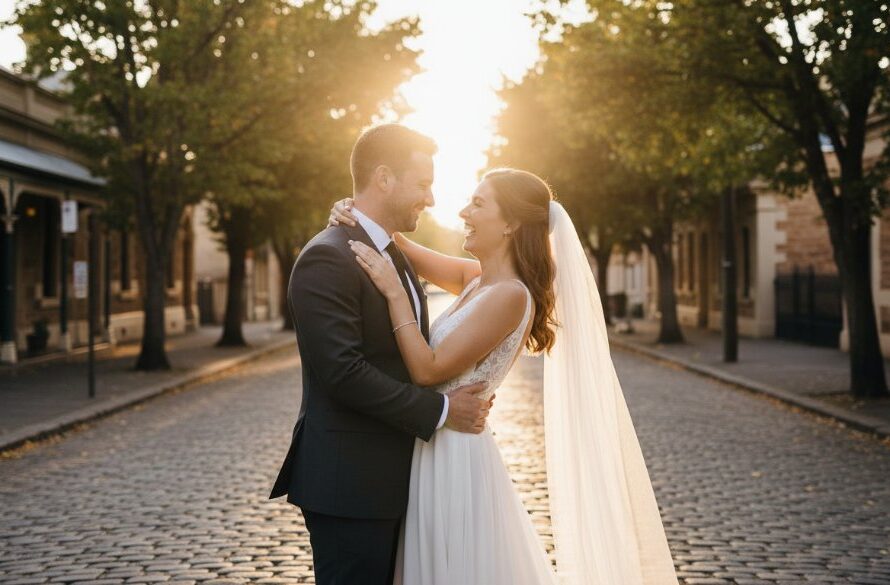 A newlywed couple shares a joyful, vibrant moment on a historic South Geelong street, captured by a professional South Geelong wedding photographer, bathed in golden hour light, reflecting their pure happiness.