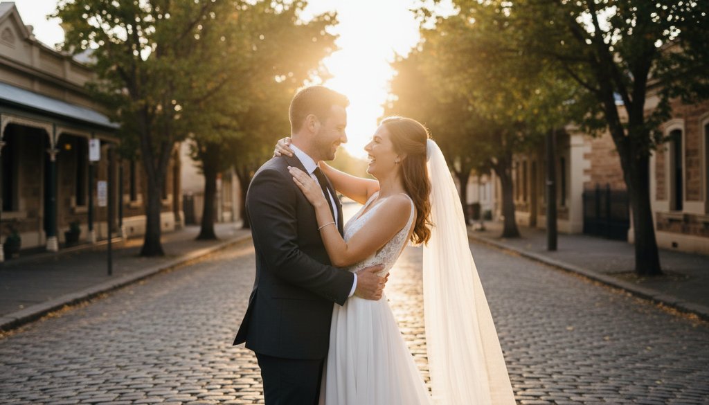 A newlywed couple shares a joyful, vibrant moment on a historic South Geelong street, captured by a professional South Geelong wedding photographer, bathed in golden hour light, reflecting their pure happiness.