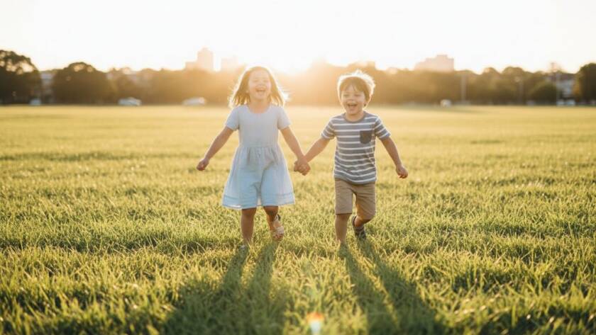 An epic, joy-filled moment captured through South Kingsville candid kids photography Melbourne, featuring two young children laughing and running through the sunny grass at Vernon Street Reserve, with dramatic backlighting and professional colour grading highlighting their playful interaction.
