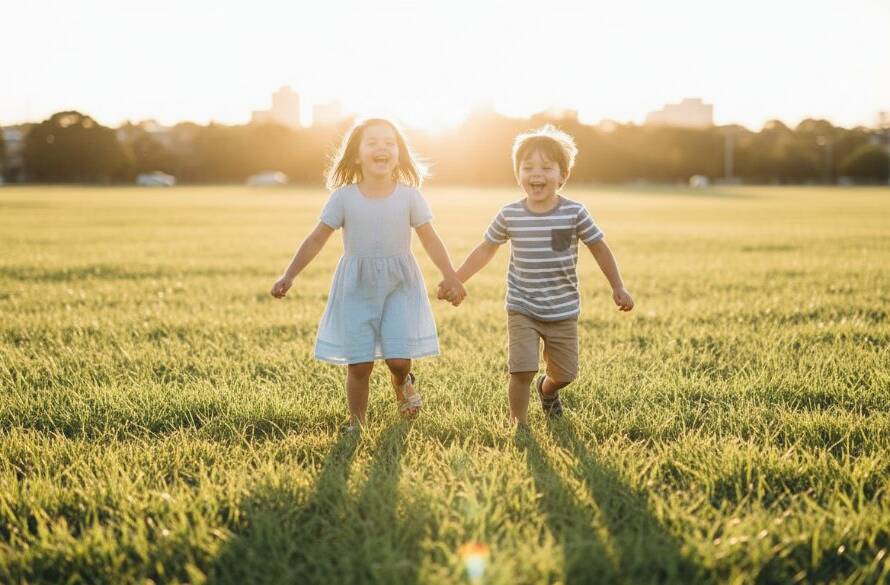 An epic, joy-filled moment captured through South Kingsville candid kids photography Melbourne, featuring two young children laughing and running through the sunny grass at Vernon Street Reserve, with dramatic backlighting and professional colour grading highlighting their playful interaction.