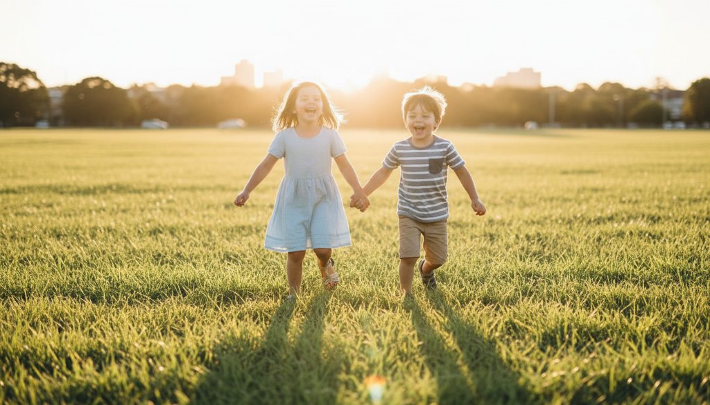 An epic, joy-filled moment captured through South Kingsville candid kids photography Melbourne, featuring two young children laughing and running through the sunny grass at Vernon Street Reserve, with dramatic backlighting and professional colour grading highlighting their playful interaction.