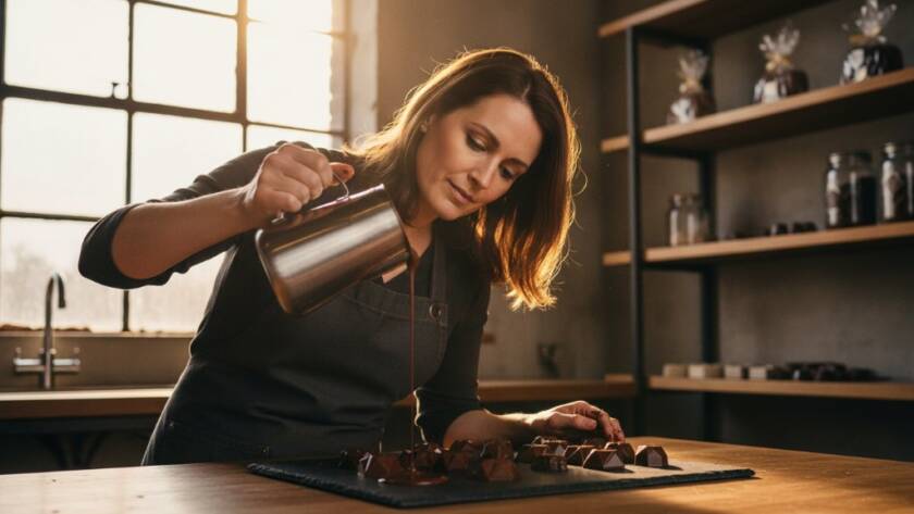 Dramatic wide shot of a local artisanal baker proudly presenting freshly baked sourdough loaves, bathed in warm, cinematic light, reflecting the quality and passion of South Kingsville Commercial Photography for Local Brands.