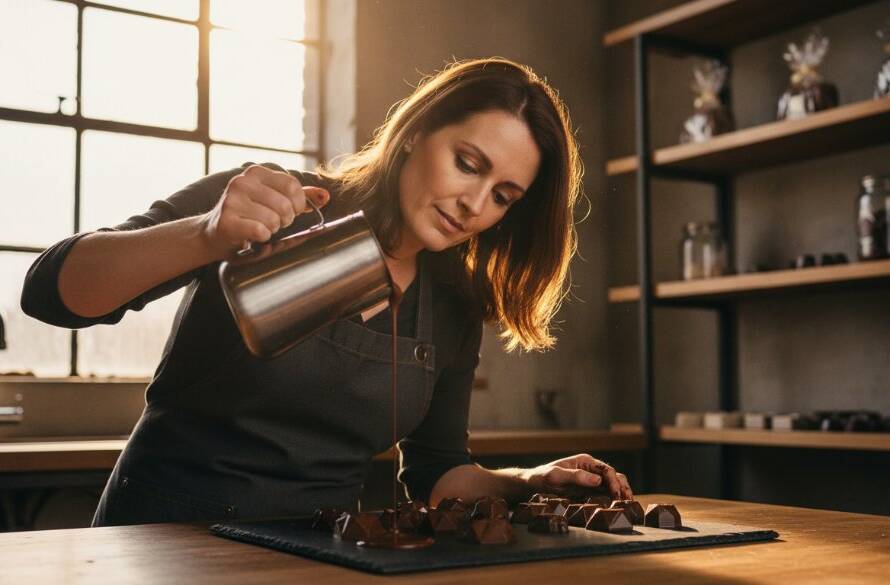 Dramatic wide shot of a local artisanal baker proudly presenting freshly baked sourdough loaves, bathed in warm, cinematic light, reflecting the quality and passion of South Kingsville Commercial Photography for Local Brands.