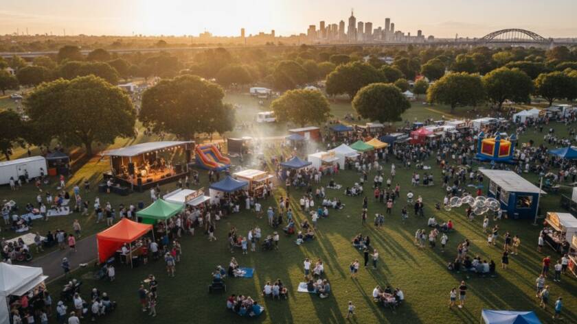 Dramatic aerial shot of a vibrant community event in South Kingsville, Victoria, captured by expert South Kingsville drone photography aerial event coverage, showcasing families enjoying a local fair with the city skyline in the distance at sunset, professionally color-graded.
