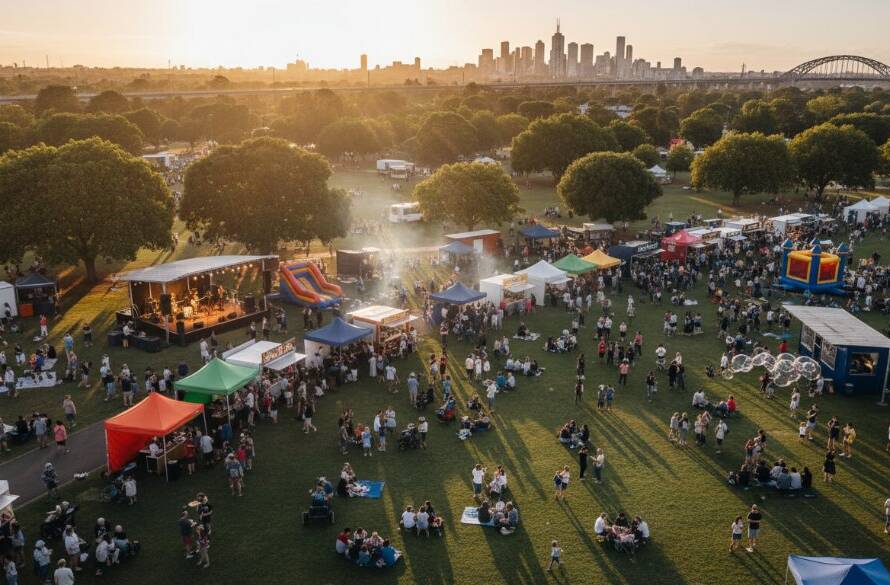 Dramatic aerial shot of a vibrant community event in South Kingsville, Victoria, captured by expert South Kingsville drone photography aerial event coverage, showcasing families enjoying a local fair with the city skyline in the distance at sunset, professionally color-graded.