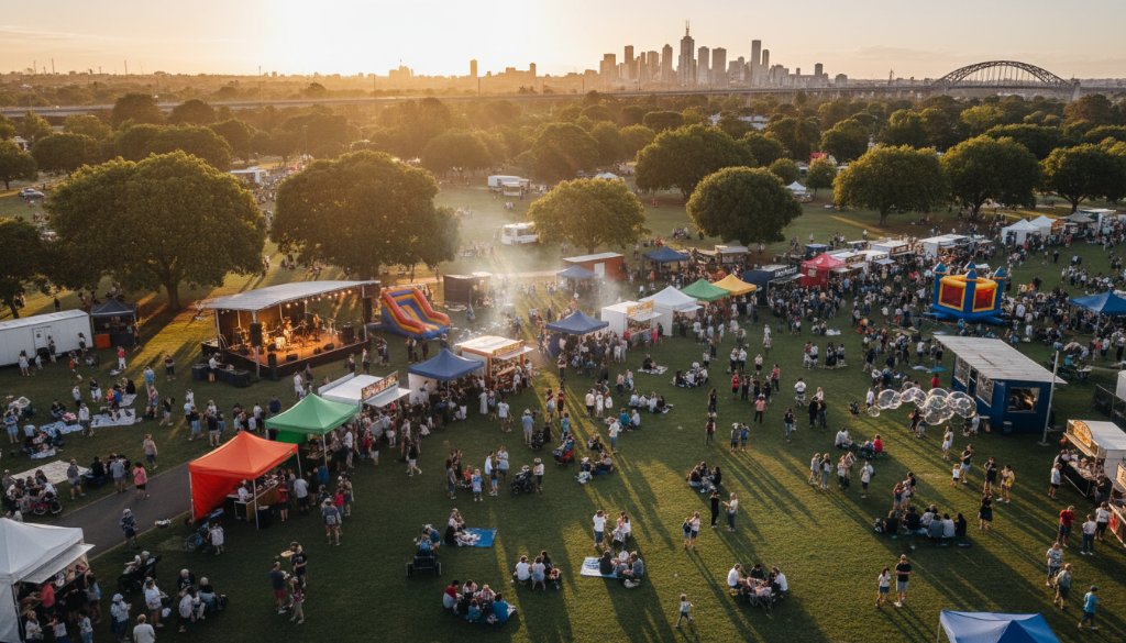Dramatic aerial shot of a vibrant community event in South Kingsville, Victoria, captured by expert South Kingsville drone photography aerial event coverage, showcasing families enjoying a local fair with the city skyline in the distance at sunset, professionally color-graded.