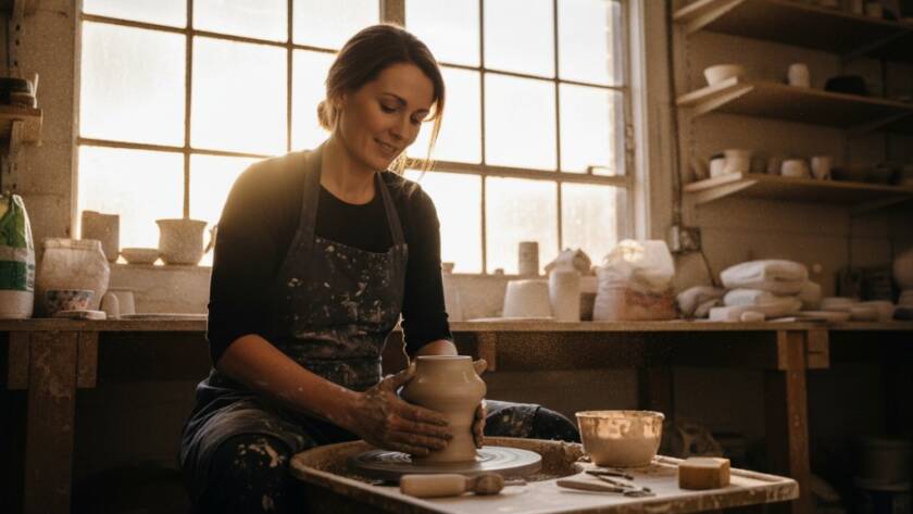 Dramatic shot of a local artisan in South Kingsville, Victoria, passionately crafting their product, illuminated by golden hour light, capturing the essence of South Kingsville Editorial Photography for Authentic Brand Stories with authentic passion.