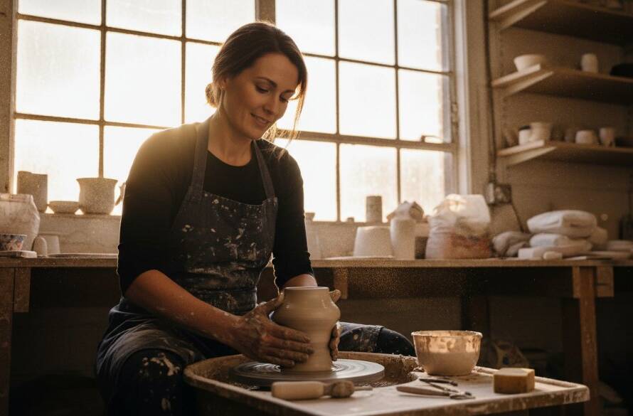 Dramatic shot of a local artisan in South Kingsville, Victoria, passionately crafting their product, illuminated by golden hour light, capturing the essence of South Kingsville Editorial Photography for Authentic Brand Stories with authentic passion.