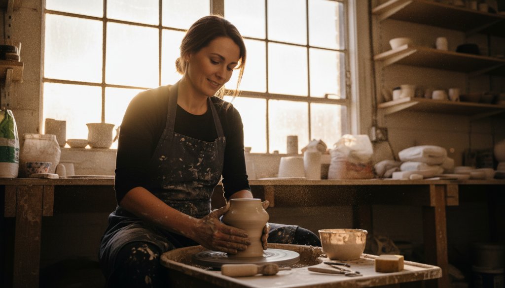 Dramatic shot of a local artisan in South Kingsville, Victoria, passionately crafting their product, illuminated by golden hour light, capturing the essence of South Kingsville Editorial Photography for Authentic Brand Stories with authentic passion.