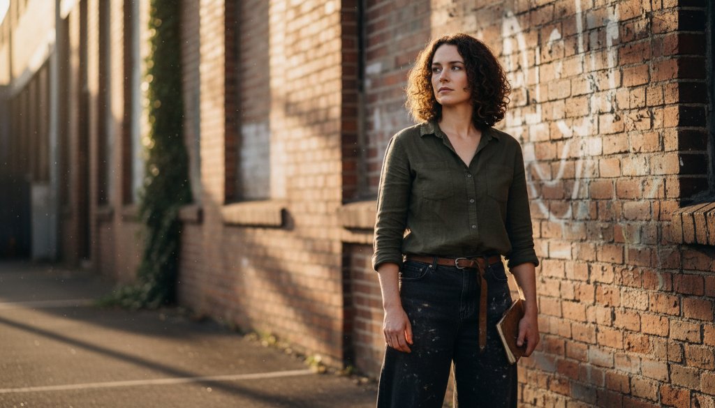 Dramatic fine art portrait of a young individual standing strong amidst the atmospheric glow of a South Kingsville industrial facade, embodying South Kingsville fine art photography for unique portraits with a cinematic aesthetic.
