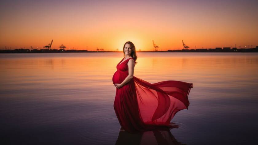 A radiant expectant mother in a flowing gown, silhouetted against a golden sunset over Port Phillip Bay, during a South Kingsville Maternity Photoshoot Tranquil Waterfront, capturing a truly epic and serene moment.