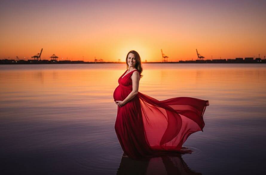 A radiant expectant mother in a flowing gown, silhouetted against a golden sunset over Port Phillip Bay, during a South Kingsville Maternity Photoshoot Tranquil Waterfront, capturing a truly epic and serene moment.