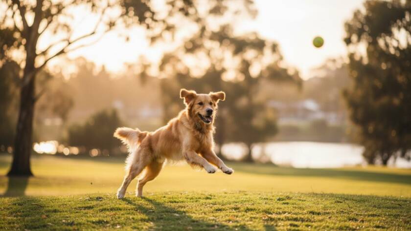 A golden retriever joyfully leaps through golden hour light at a South Kingsville park, embodying South Kingsville pet photography heartfelt outdoor portraits, with dappled sunlight highlighting its fur as it chases a ball, capturing an epic moment of pure canine happiness.