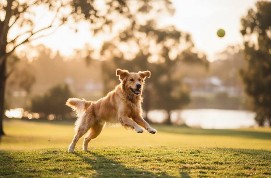 A golden retriever joyfully leaps through golden hour light at a South Kingsville park, embodying South Kingsville pet photography heartfelt outdoor portraits, with dappled sunlight highlighting its fur as it chases a ball, capturing an epic moment of pure canine happiness.