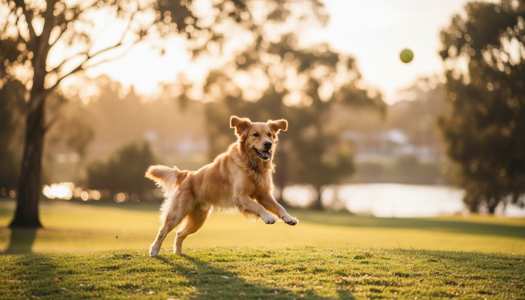 A golden retriever joyfully leaps through golden hour light at a South Kingsville park, embodying South Kingsville pet photography heartfelt outdoor portraits, with dappled sunlight highlighting its fur as it chases a ball, capturing an epic moment of pure canine happiness.