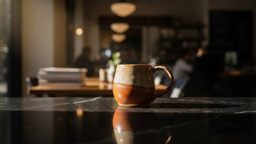 An intensely dramatic, low-angle shot of a meticulously arranged artisan ceramic mug, featuring subtle glaze textures, lit by a single powerful spotlight creating deep shadows, against a blurred, elegant Mitcham retail storefront background at dusk, embodying the essence of specialised Mitcham product photography services and showcasing exquisite craftsmanship.