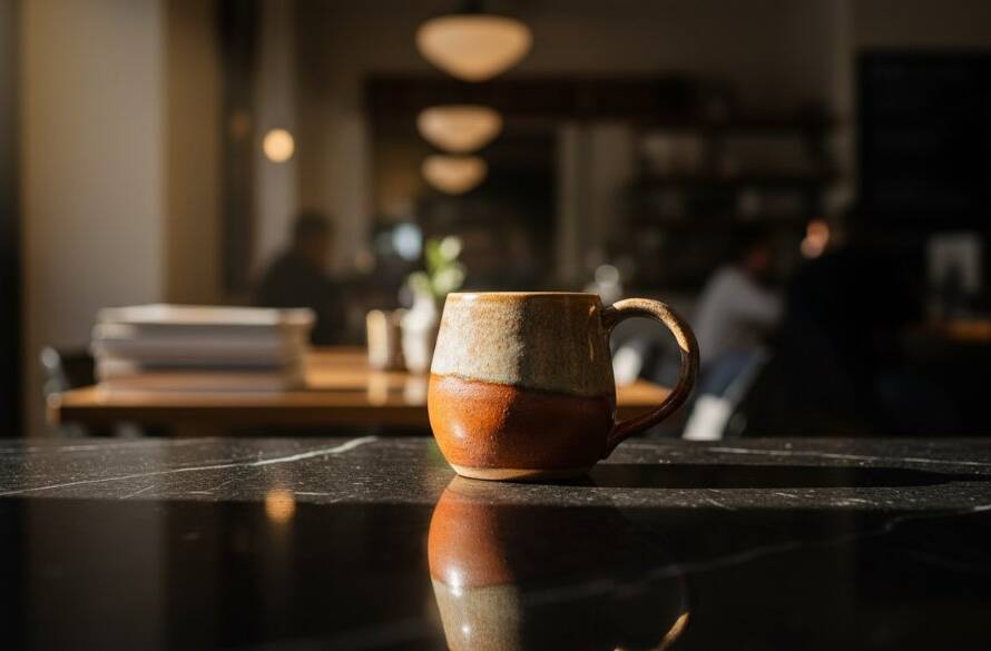 An intensely dramatic, low-angle shot of a meticulously arranged artisan ceramic mug, featuring subtle glaze textures, lit by a single powerful spotlight creating deep shadows, against a blurred, elegant Mitcham retail storefront background at dusk, embodying the essence of specialised Mitcham product photography services and showcasing exquisite craftsmanship.
