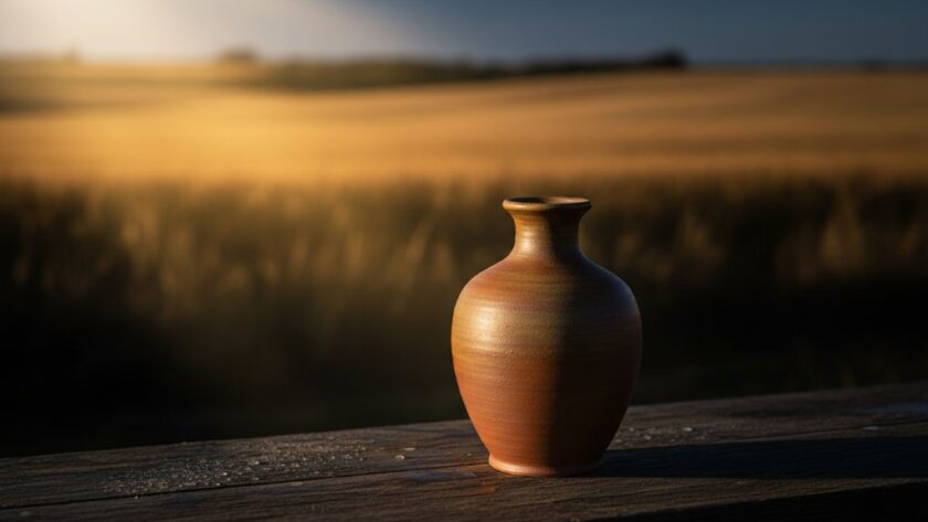 A dramatic close-up shot of hand-crafted ceramic pottery, subtly lit to highlight textures, with the Wimmera plains of Horsham, Victoria, Australia blurred in the background, embodying specialist Horsham product photography for artisanal Wimmera goods.