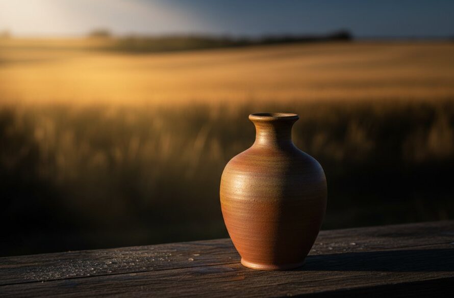 A dramatic close-up shot of hand-crafted ceramic pottery, subtly lit to highlight textures, with the Wimmera plains of Horsham, Victoria, Australia blurred in the background, embodying specialist Horsham product photography for artisanal Wimmera goods.