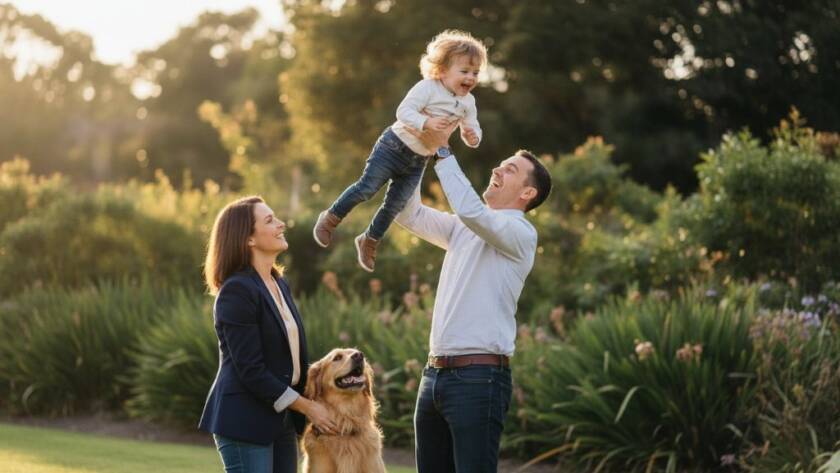 An emotive, professional photograph capturing spontaneous Box Hill North family candid moments, showing a child laughing joyfully as parents embrace, set against a golden hour backdrop in a Box Hill North park.