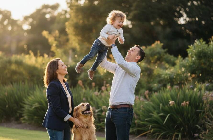 An emotive, professional photograph capturing spontaneous Box Hill North family candid moments, showing a child laughing joyfully as parents embrace, set against a golden hour backdrop in a Box Hill North park.