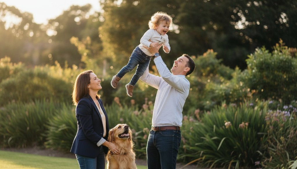 An emotive, professional photograph capturing spontaneous Box Hill North family candid moments, showing a child laughing joyfully as parents embrace, set against a golden hour backdrop in a Box Hill North park.