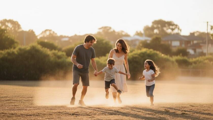 An epic moment of joyful laughter during spontaneous candid photography Sunshine West family moments, captured with stunning professional lighting as a child chases bubbles in a vibrant park at golden hour.