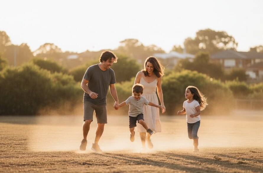 An epic moment of joyful laughter during spontaneous candid photography Sunshine West family moments, captured with stunning professional lighting as a child chases bubbles in a vibrant park at golden hour.