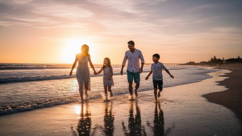 An emotionally charged, dynamic, wide-angle shot of a family (parents and two young children) running joyfully along Parkdale Beach at sunset, caught mid-laugh. The warm, golden light casts long shadows, highlighting their authentic expressions as they play near the gentle waves. This spontaneous family candid photos Parkdale Beach moment captures pure, unposed happiness with professional colour grading.