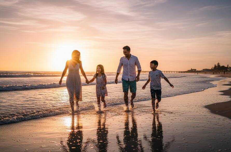 An emotionally charged, dynamic, wide-angle shot of a family (parents and two young children) running joyfully along Parkdale Beach at sunset, caught mid-laugh. The warm, golden light casts long shadows, highlighting their authentic expressions as they play near the gentle waves. This spontaneous family candid photos Parkdale Beach moment captures pure, unposed happiness with professional colour grading.