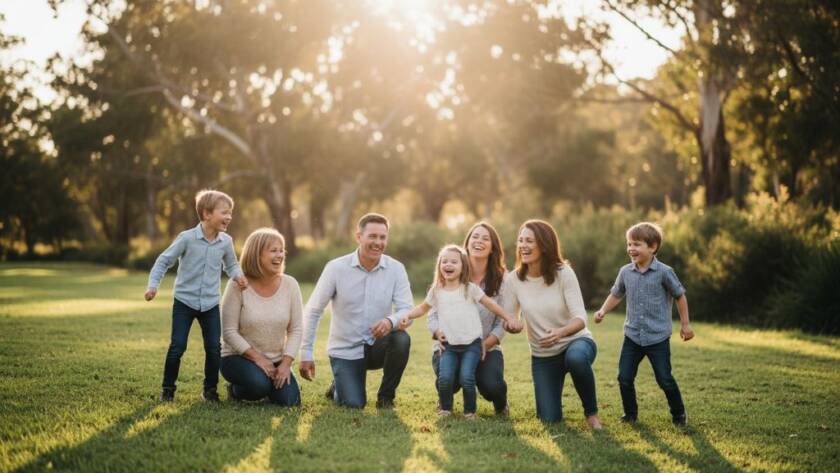 A candid, joyful photograph capturing spontaneous family moments Blackburn North, showing a multi-generational family laughing together at Koonung Creek Reserve during golden hour, bathed in warm, dramatic light.