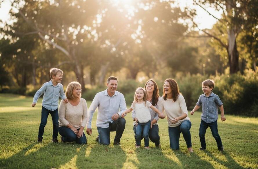 A candid, joyful photograph capturing spontaneous family moments Blackburn North, showing a multi-generational family laughing together at Koonung Creek Reserve during golden hour, bathed in warm, dramatic light.