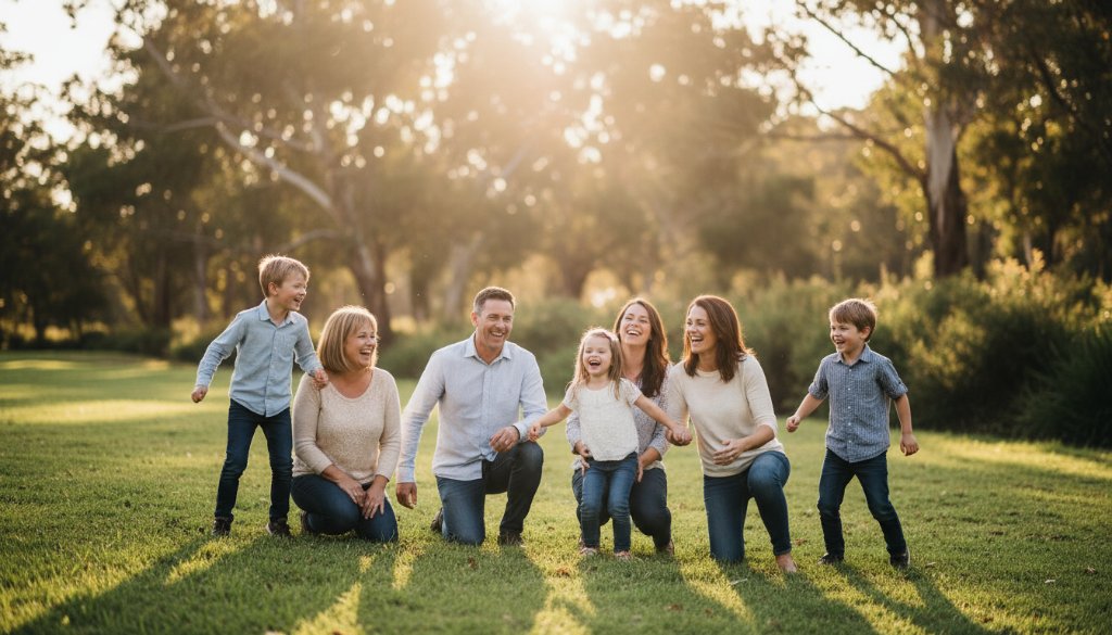 A candid, joyful photograph capturing spontaneous family moments Blackburn North, showing a multi-generational family laughing together at Koonung Creek Reserve during golden hour, bathed in warm, dramatic light.