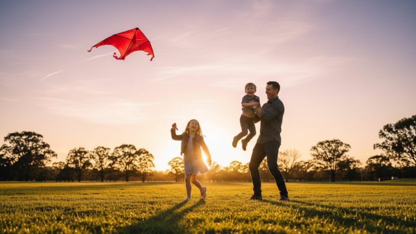 An emotional wide-angle candid shot of a family embracing amidst the golden afternoon light at Mathison Park in Churchill, Victoria, capturing genuine joy and spontaneous family moments Churchill Victoria candid photography.