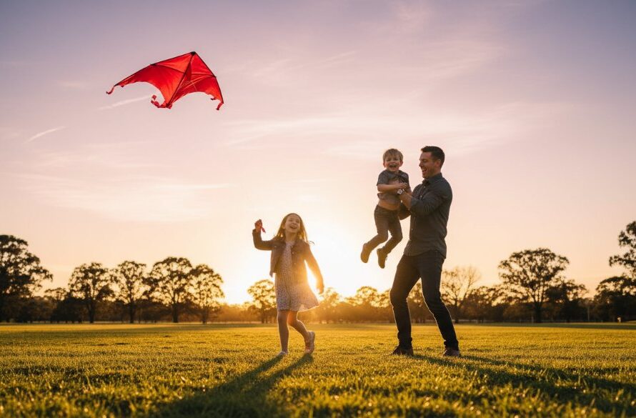 An emotional wide-angle candid shot of a family embracing amidst the golden afternoon light at Mathison Park in Churchill, Victoria, capturing genuine joy and spontaneous family moments Churchill Victoria candid photography.
