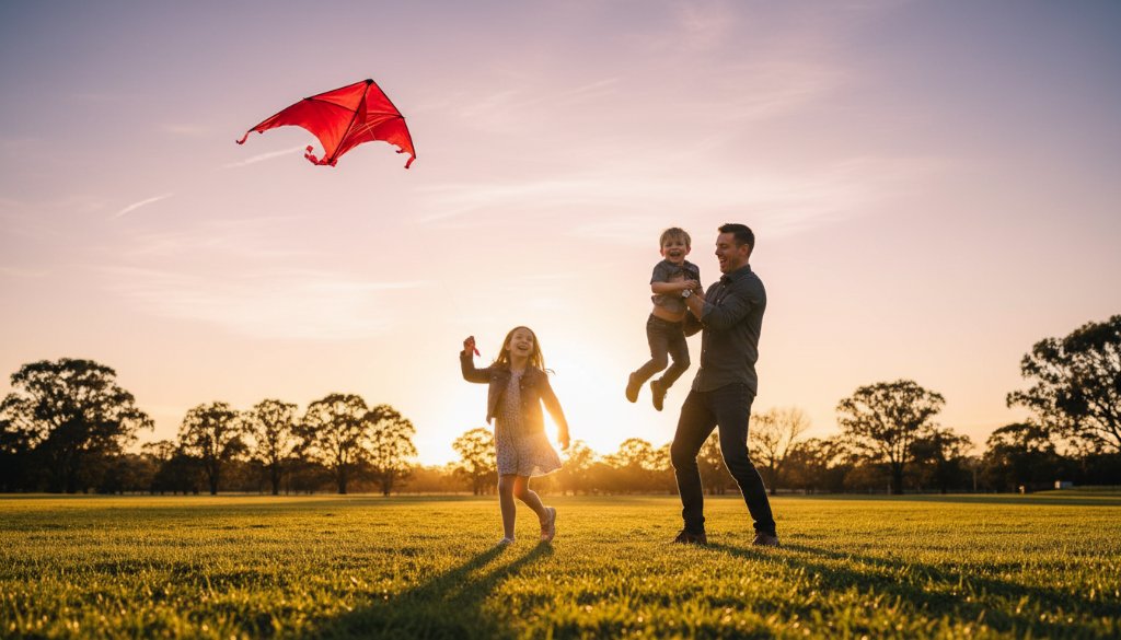 An emotional wide-angle candid shot of a family embracing amidst the golden afternoon light at Mathison Park in Churchill, Victoria, capturing genuine joy and spontaneous family moments Churchill Victoria candid photography.