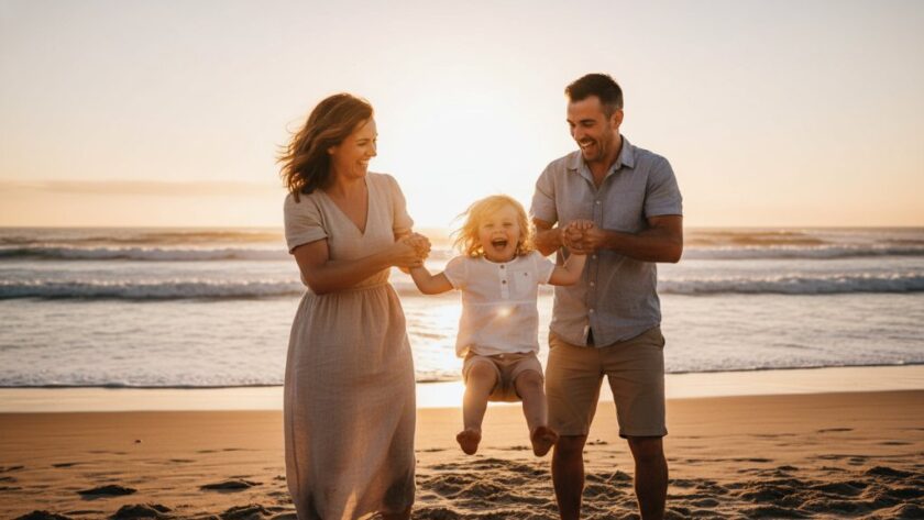 A beautiful, candid moment captured during spontaneous Wonthaggi family candid photography, showing a family laughing joyously on a windswept beach at sunset, with dramatic light.