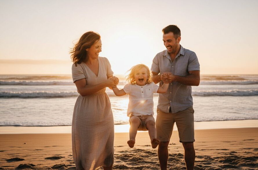 A beautiful, candid moment captured during spontaneous Wonthaggi family candid photography, showing a family laughing joyously on a windswept beach at sunset, with dramatic light.