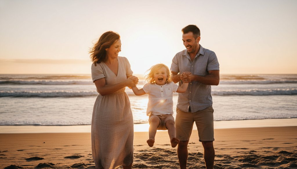 A beautiful, candid moment captured during spontaneous Wonthaggi family candid photography, showing a family laughing joyously on a windswept beach at sunset, with dramatic light.