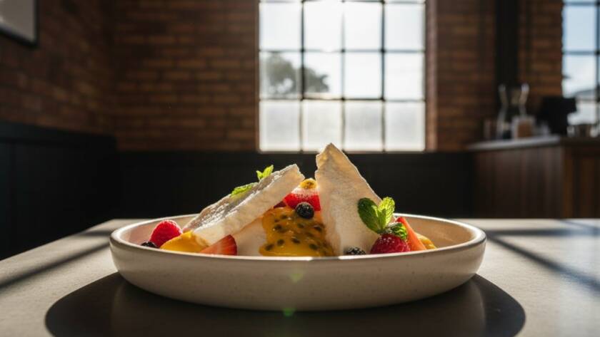 A high-angle, dramatic shot showcasing a perfectly plated artisanal lemon tart from a Spotswood cafe, bathed in warm, directional window light, highlighting its delicate textures and vibrant colours, embodying professional Spotswood artisanal dessert photography tips.
